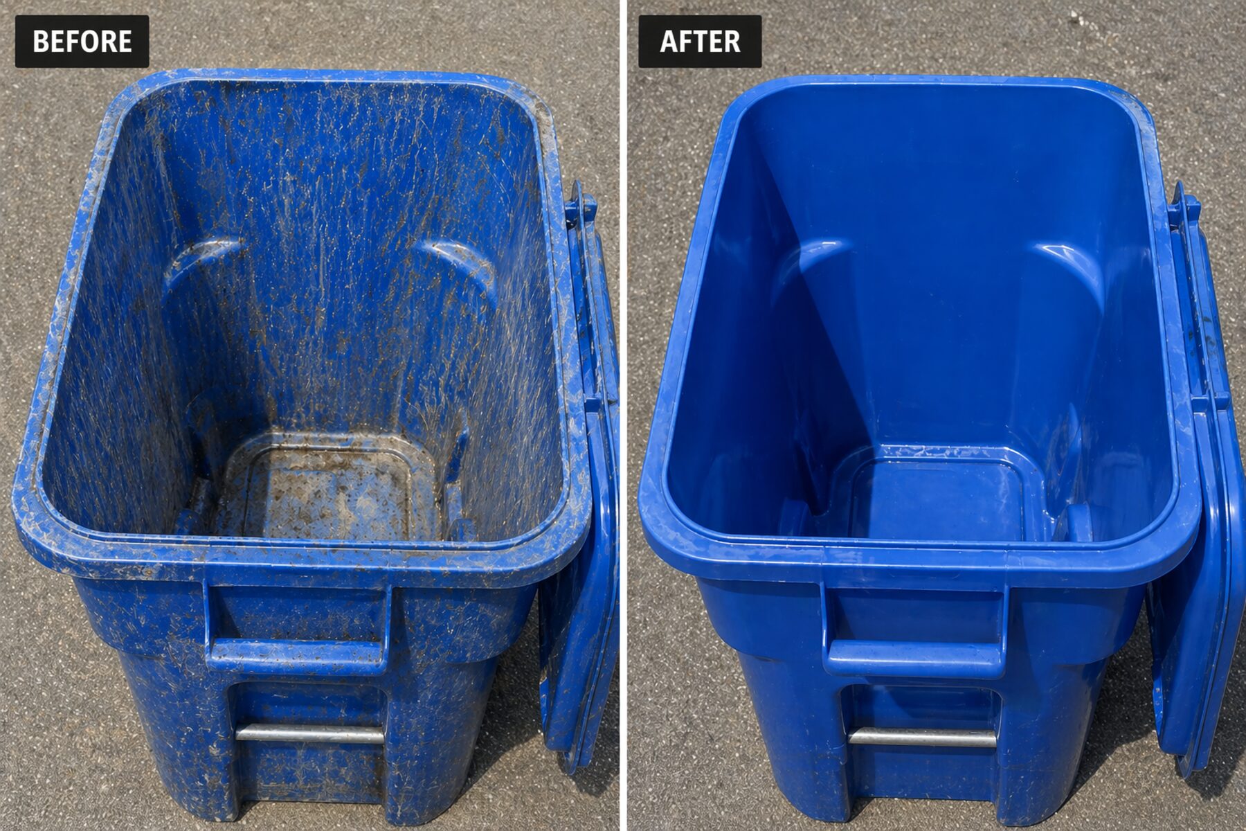 Side-by-side before and after of a trash bin interior — heavy residue on the left, sanitized and clean on the right