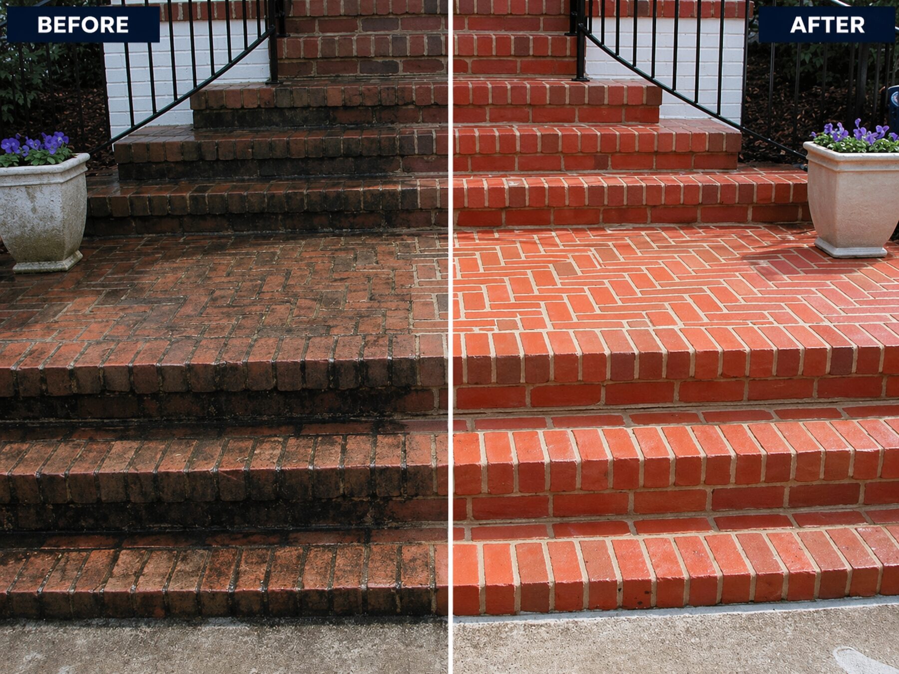 Before-and-after power washing of brick entry steps — heavy mildew on the left, freshly cleaned red brick on the right
