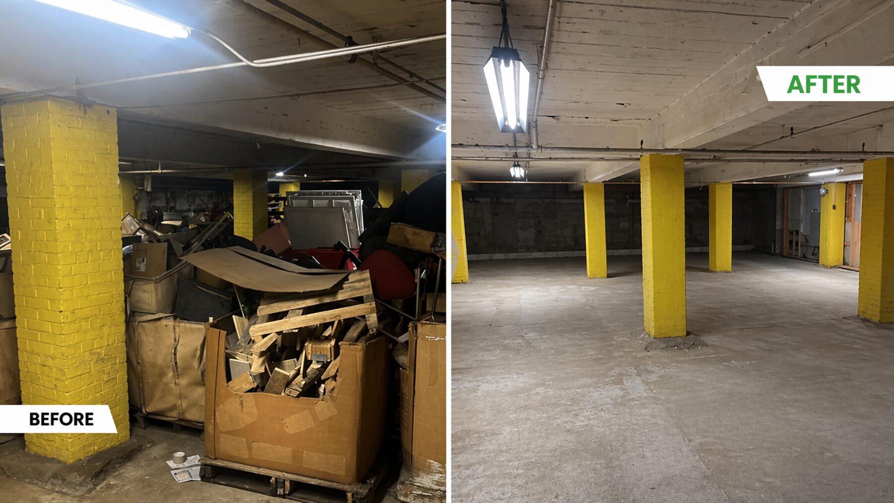 Before-and-after of a building basement clearout — packed with debris on the left, fully cleared on the right
