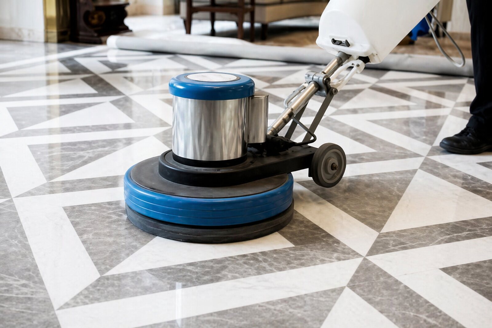 Go Pro Group floor buffing machine running across a marble lobby floor