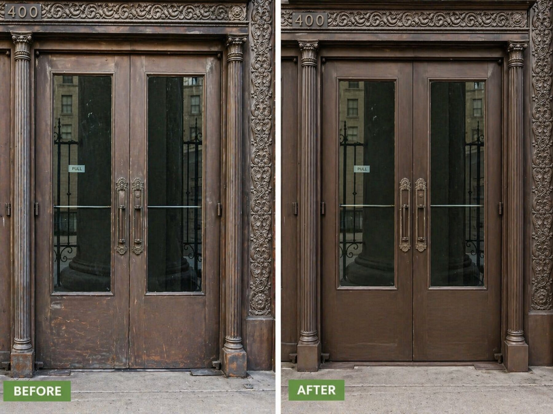 Before-and-after restoration of an ornate bronze building entrance — scuffed and oxidized on the left, fully refinished and uniform on the right