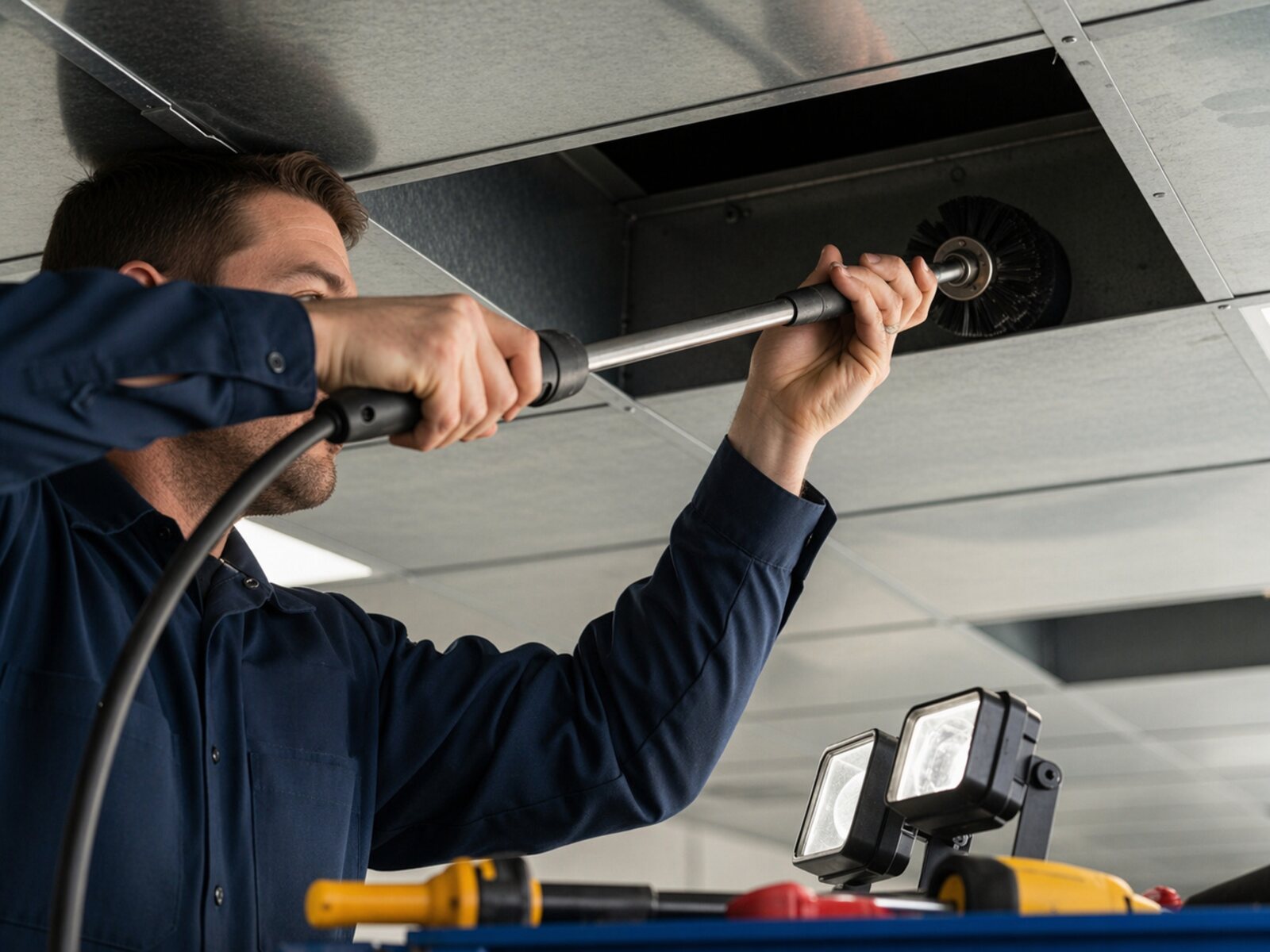 Go Pro Group technician running a rotary brush up an open ceiling supply duct during a building HVAC cleaning