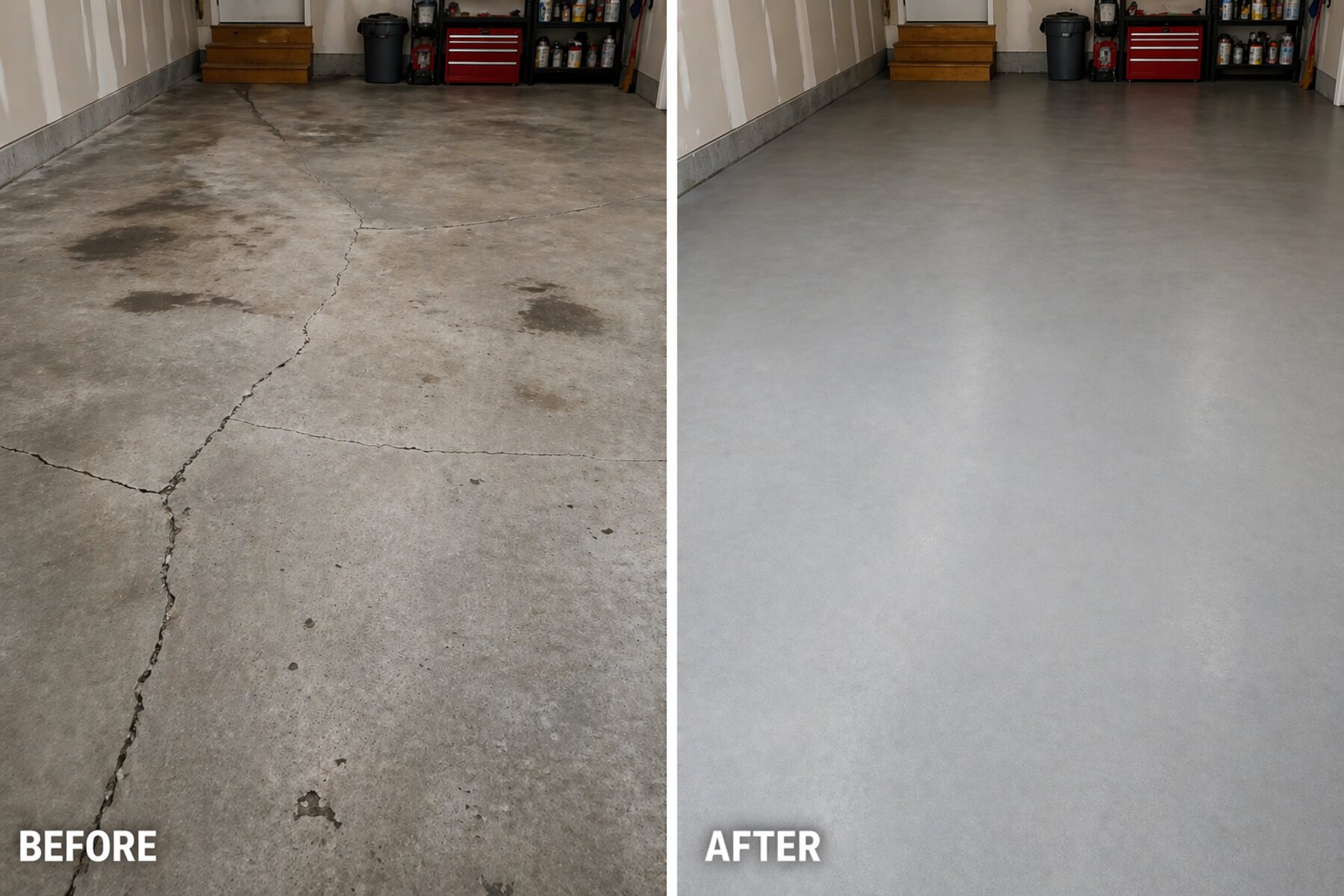 Before-and-after concrete floor repair — cracked, stained garage slab on the left, fully patched, ground, and sealed on the right
