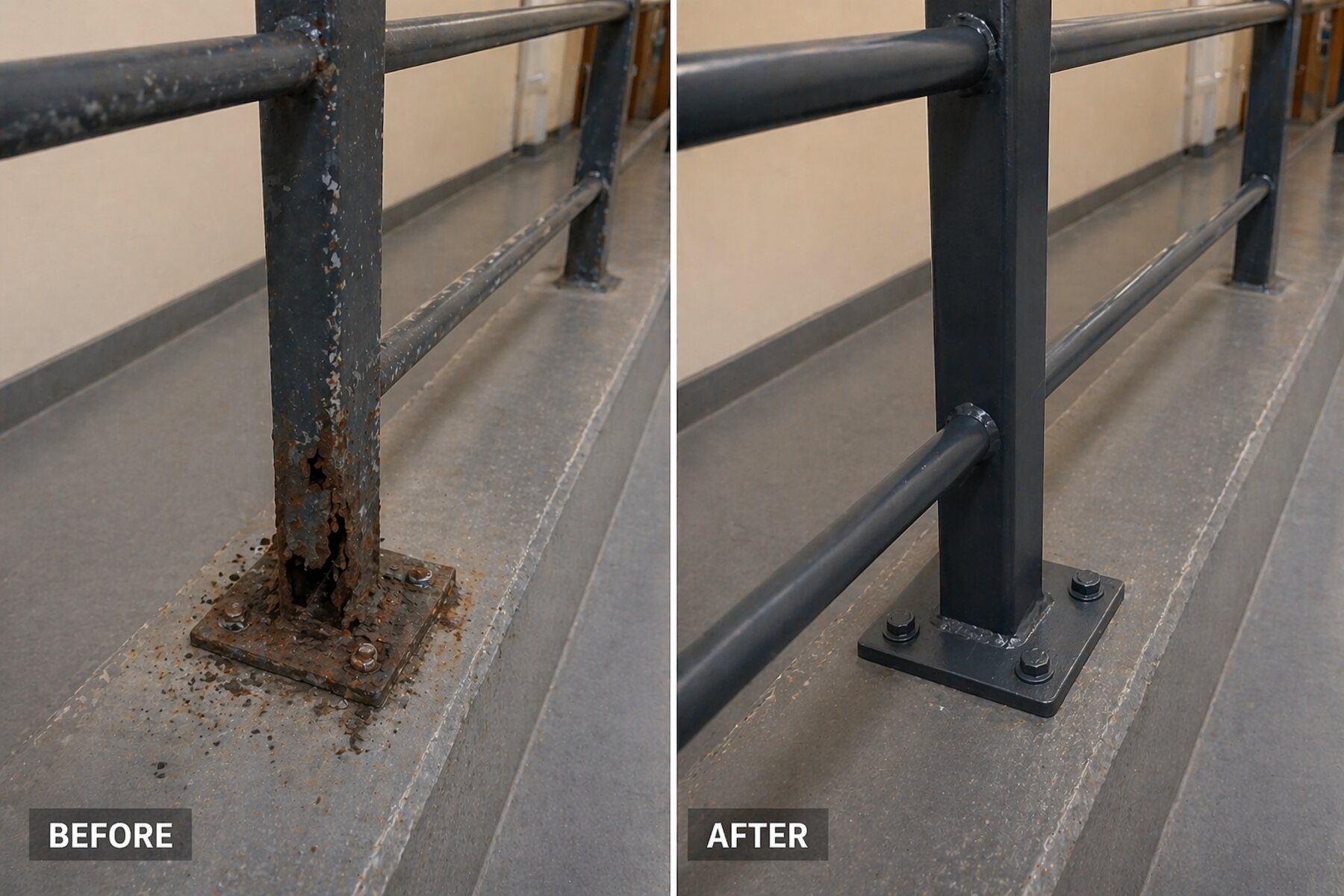 Before-and-after of a corroded steel railing post — heavily rusted and pitted at the base on the left, fully repaired, welded, and refinished on the right