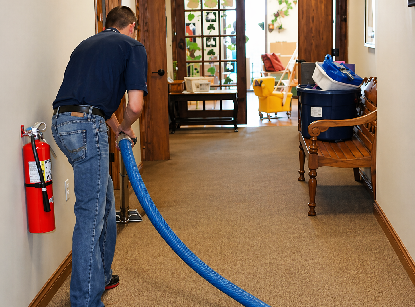 Technician extracting water from a flooded carpeted hallway after a leak