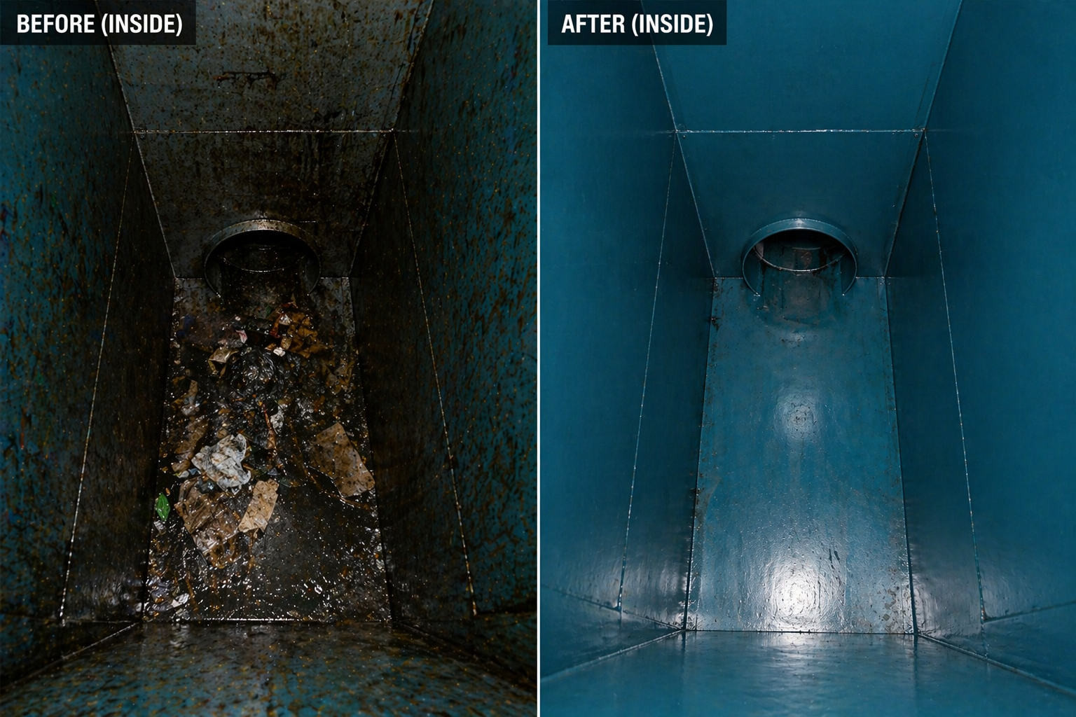 Trash compactor unit installed in a building basement compactor room