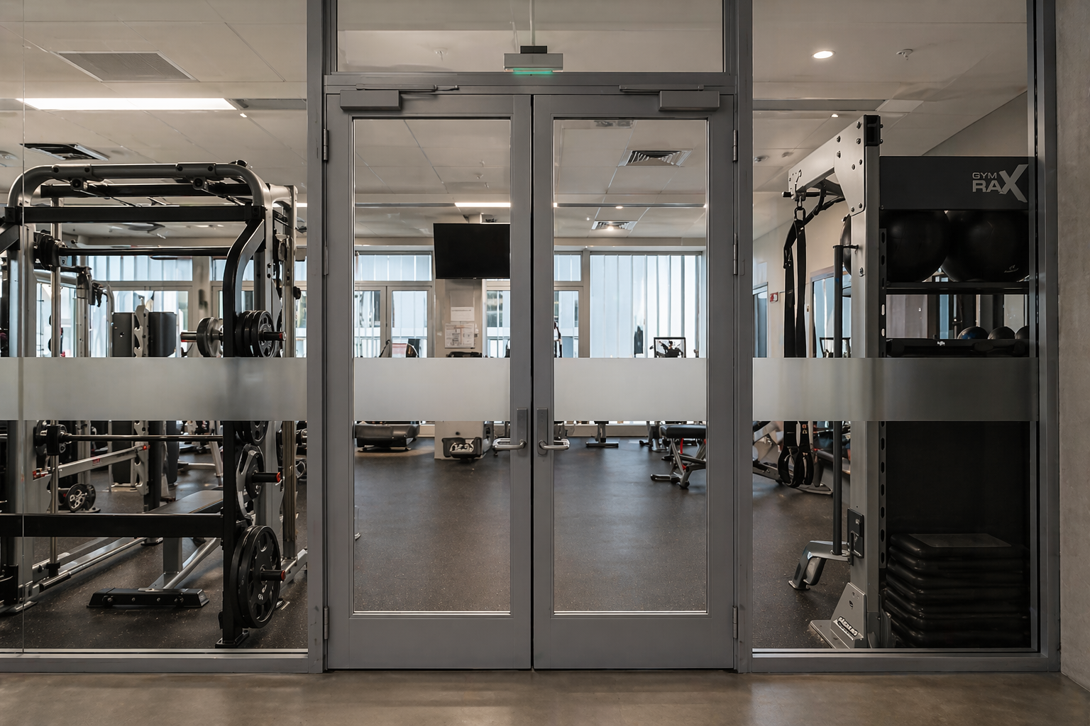 Glass self-closing double doors with overhead closer hardware