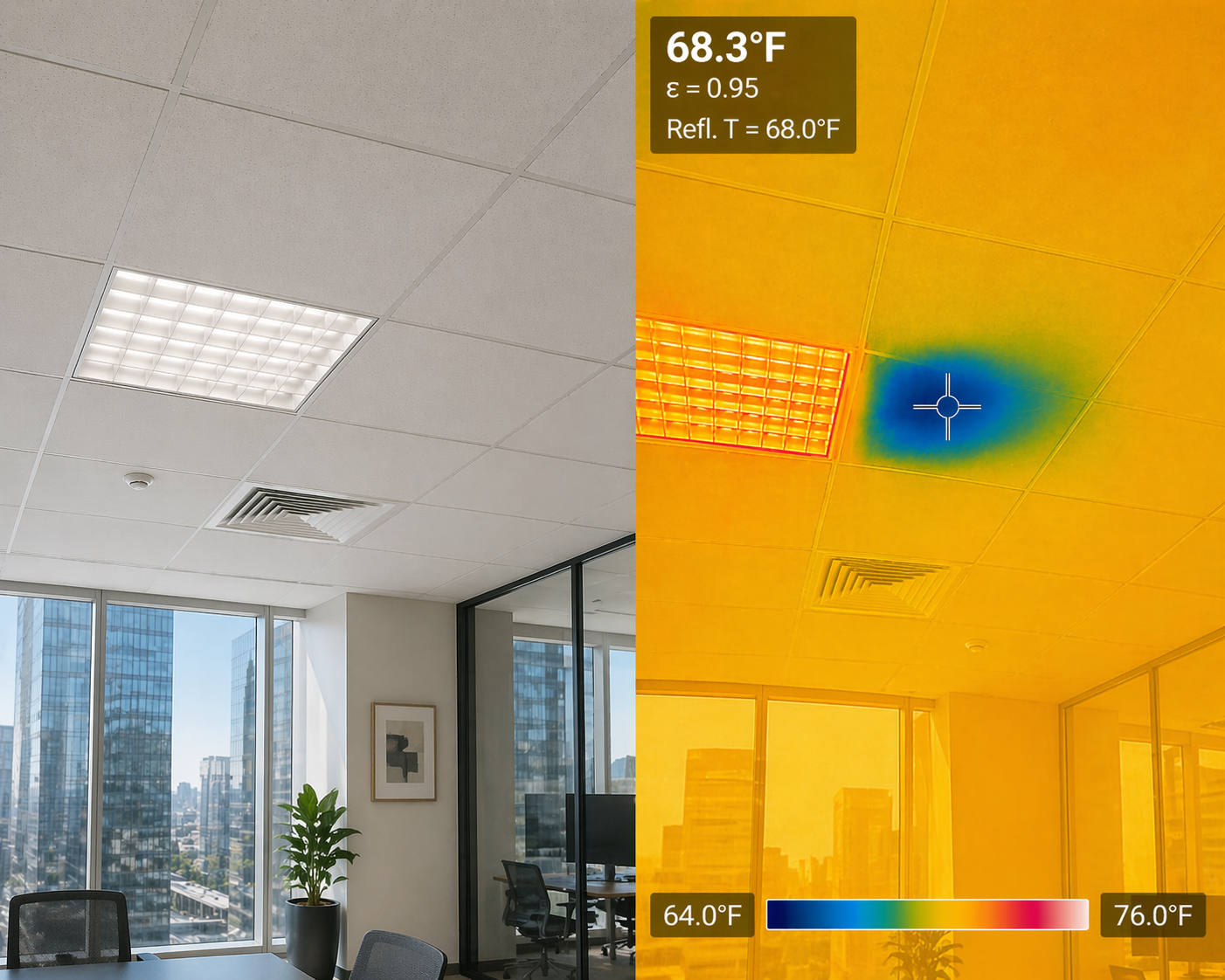 Side-by-side standard and FLIR thermal infrared view of a ceiling showing a moisture cold spot
